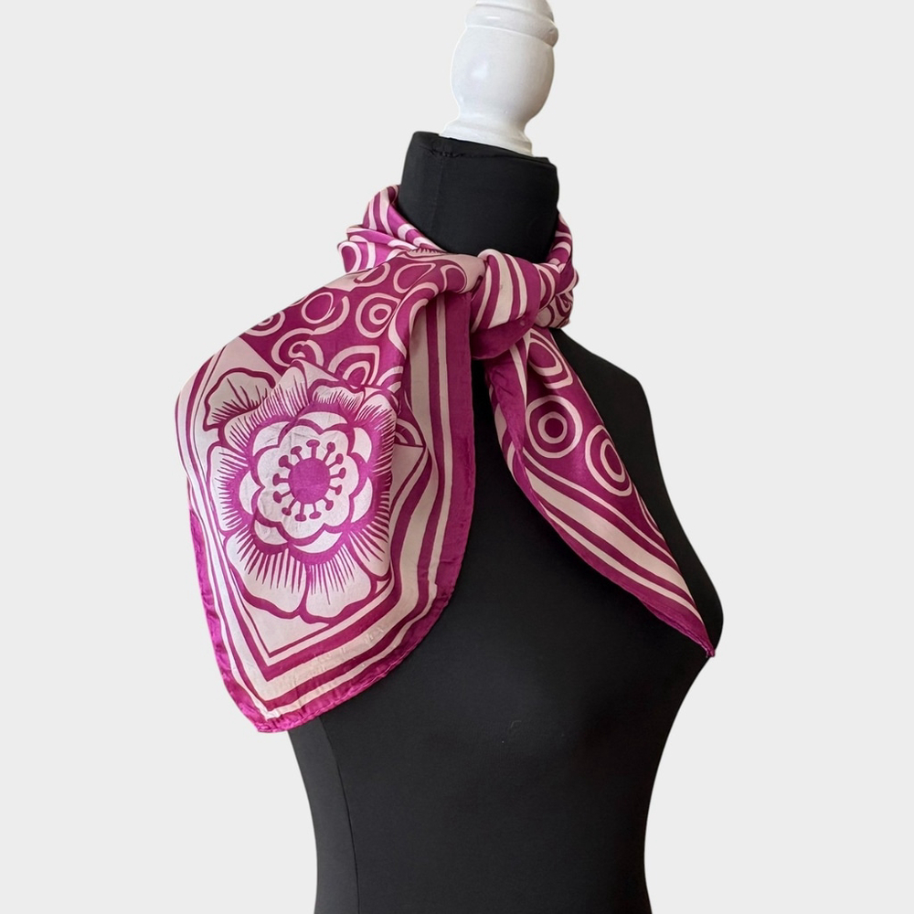 Fuschia White Floral Satin Circle Print Square Scarf